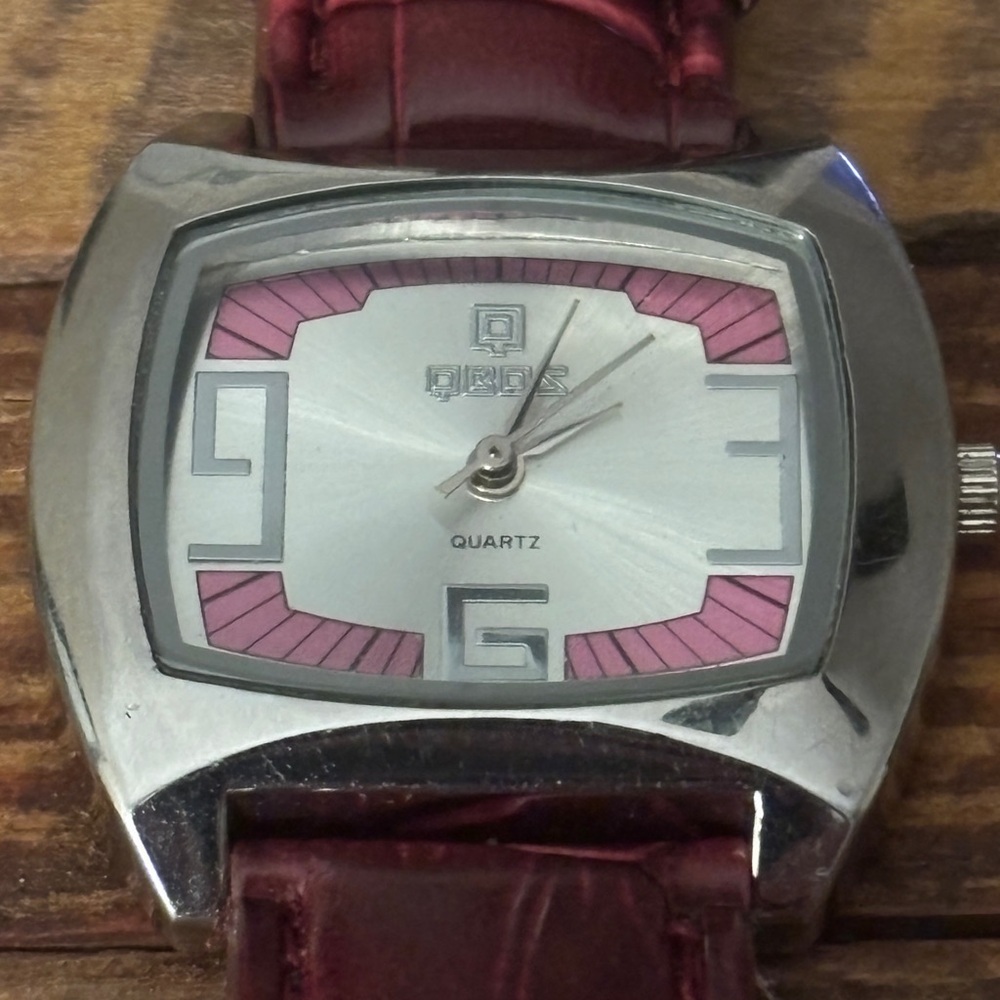 QBOS MCM Styled Silver and Pink Quartz Watch